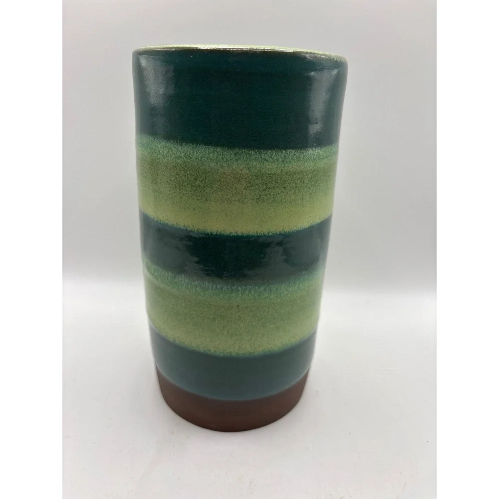 Phyllis Studio Pottery Cylinder Vase Green Teal Striped Handcrafted 2021 7.25in